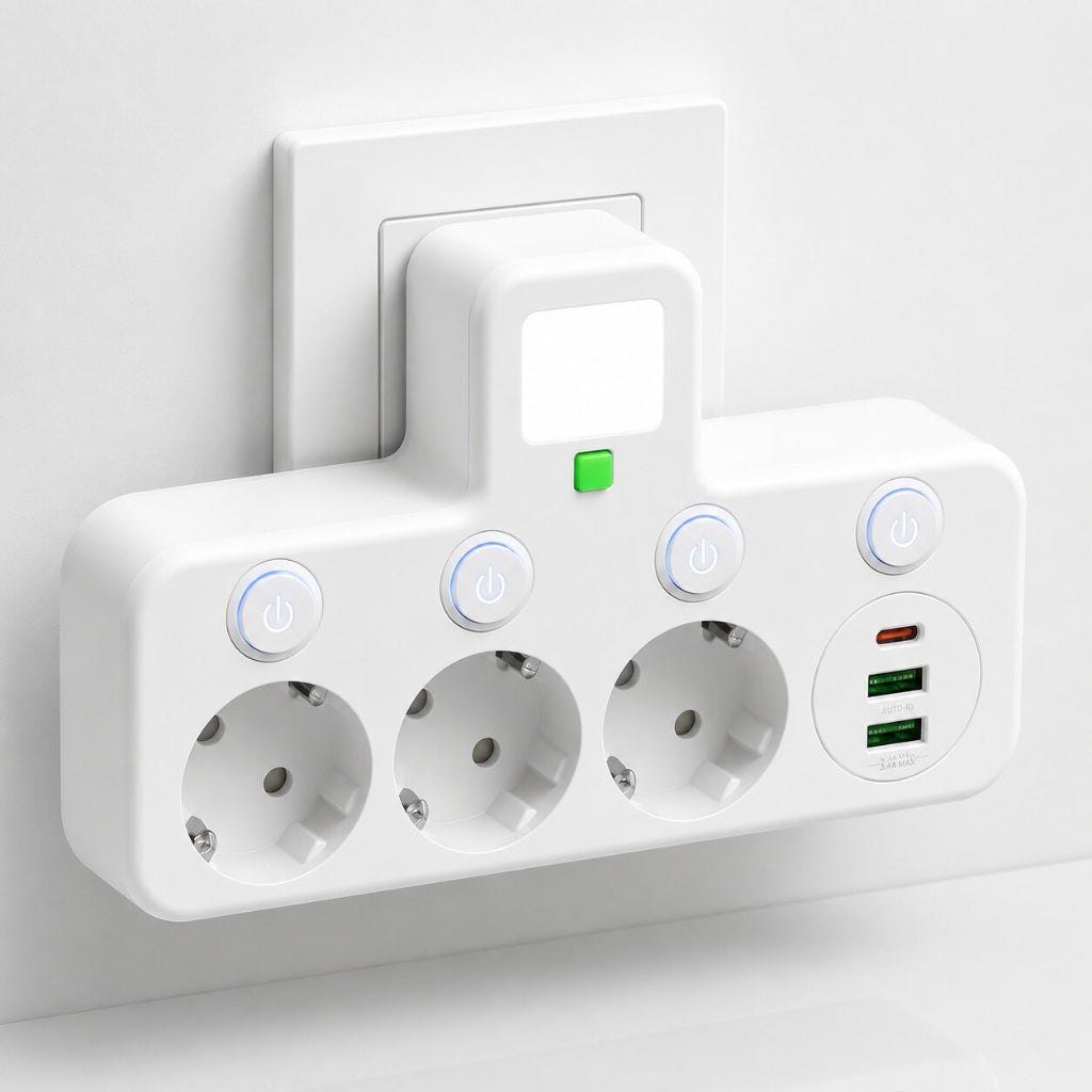 Adaptador de Enchufe de Pared con Múltiples Tomas y Puertos USB