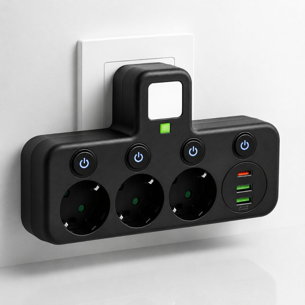 Adaptador de Enchufe de Pared con Múltiples Tomas y Puertos USB