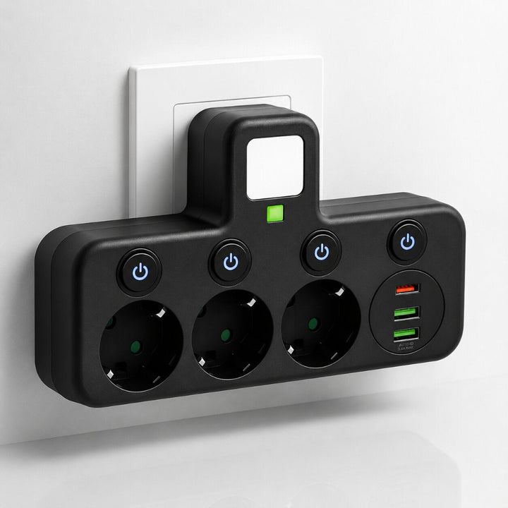 Adaptador de Enchufe de Pared con Múltiples Tomas y Puertos USB