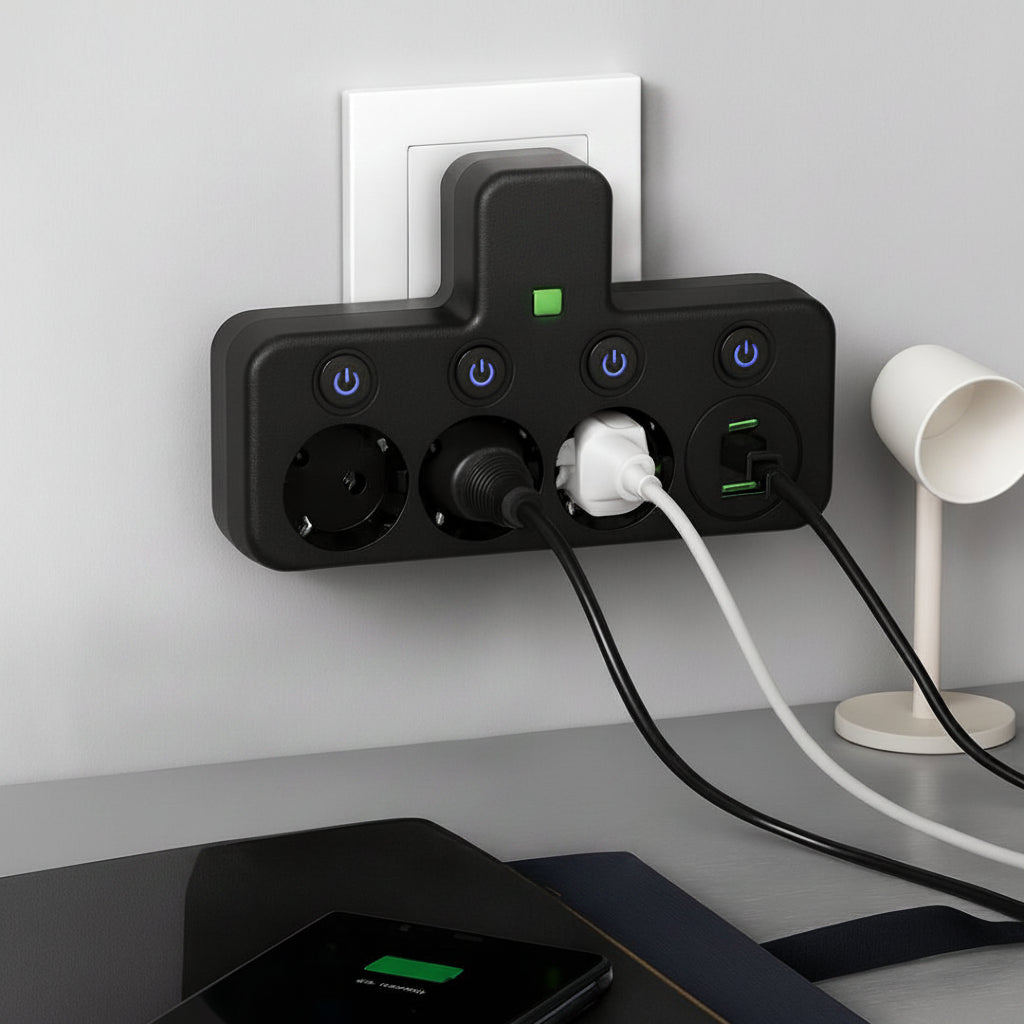 Adaptador de Enchufe de Pared con Múltiples Tomas y Puertos USB