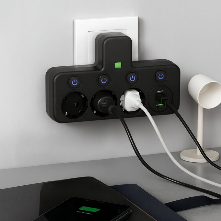 Adaptador de Enchufe de Pared con Múltiples Tomas y Puertos USB
