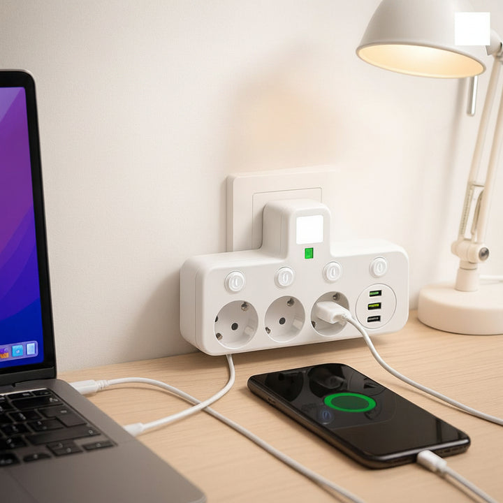Adaptador de Enchufe de Pared con Múltiples Tomas y Puertos USB