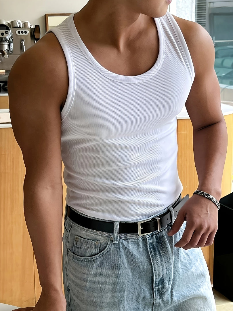 Camiseta de Tirantes Acanalada para Hombre con Cuello Redondo Amplio