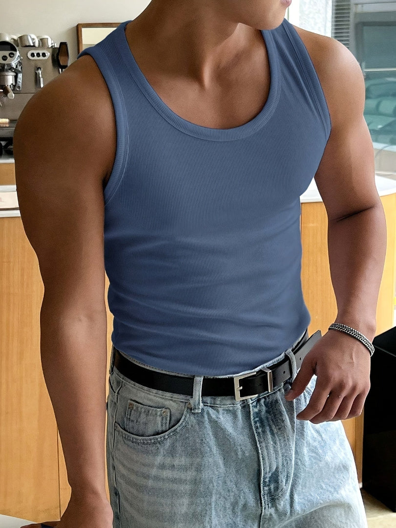 Camiseta de Tirantes Acanalada para Hombre con Cuello Redondo Amplio