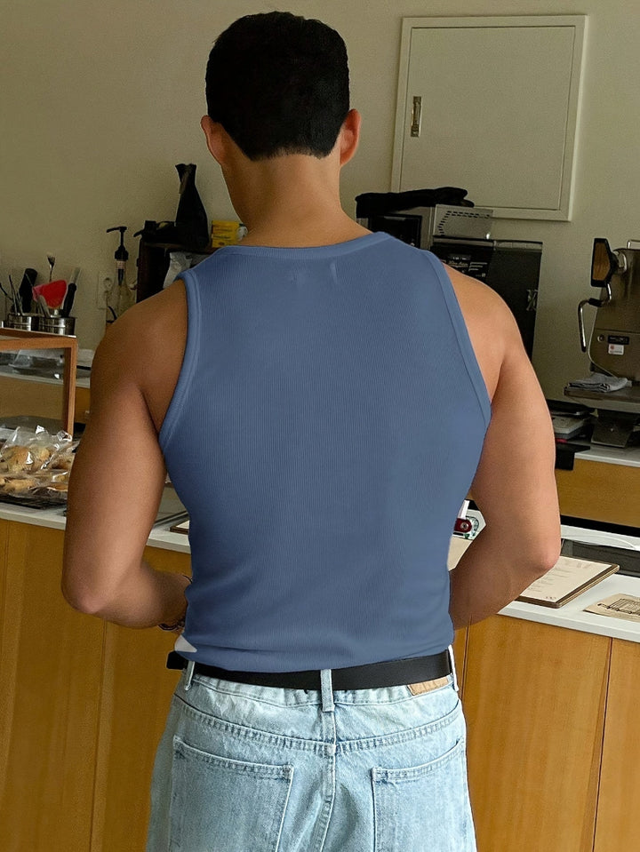 Camiseta de Tirantes Acanalada para Hombre con Cuello Redondo Amplio