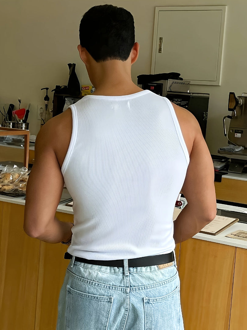 Camiseta de Tirantes Acanalada para Hombre con Cuello Redondo Amplio