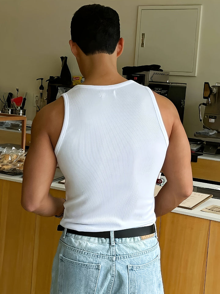 Camiseta de Tirantes Acanalada para Hombre con Cuello Redondo Amplio