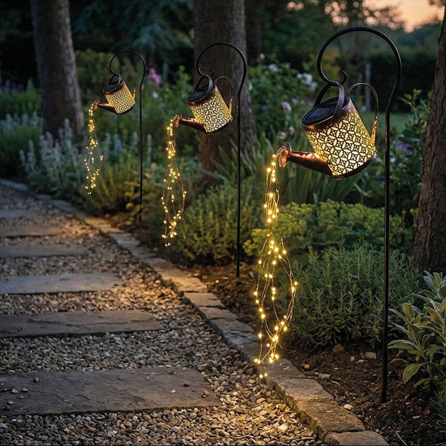 Farol Solar de Jardín con Regadera, Luces en Cascada y Estaca
