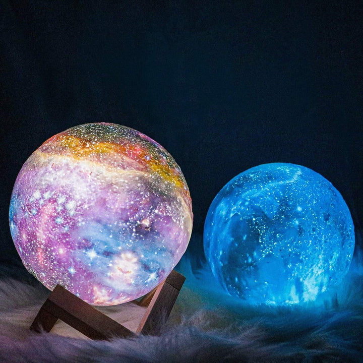 Lámpara LED de Noche con Diseño de Galaxia y Soporte de Madera