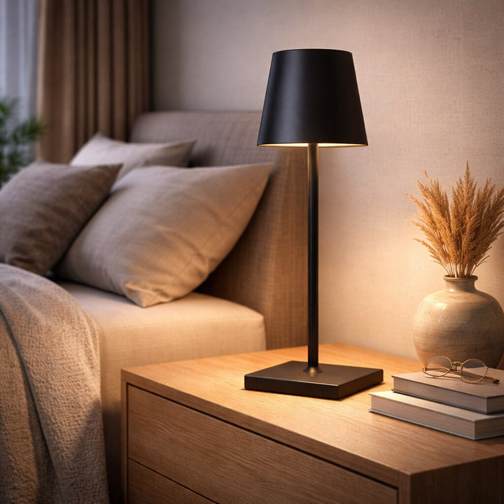 Lámpara de Mesa Recargable con Pantalla Cónica y Base Cuadrada