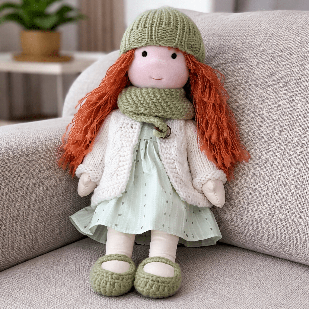 Muñeca de Tela con Gorro, Bufanda, Vestido y Cárdigan
