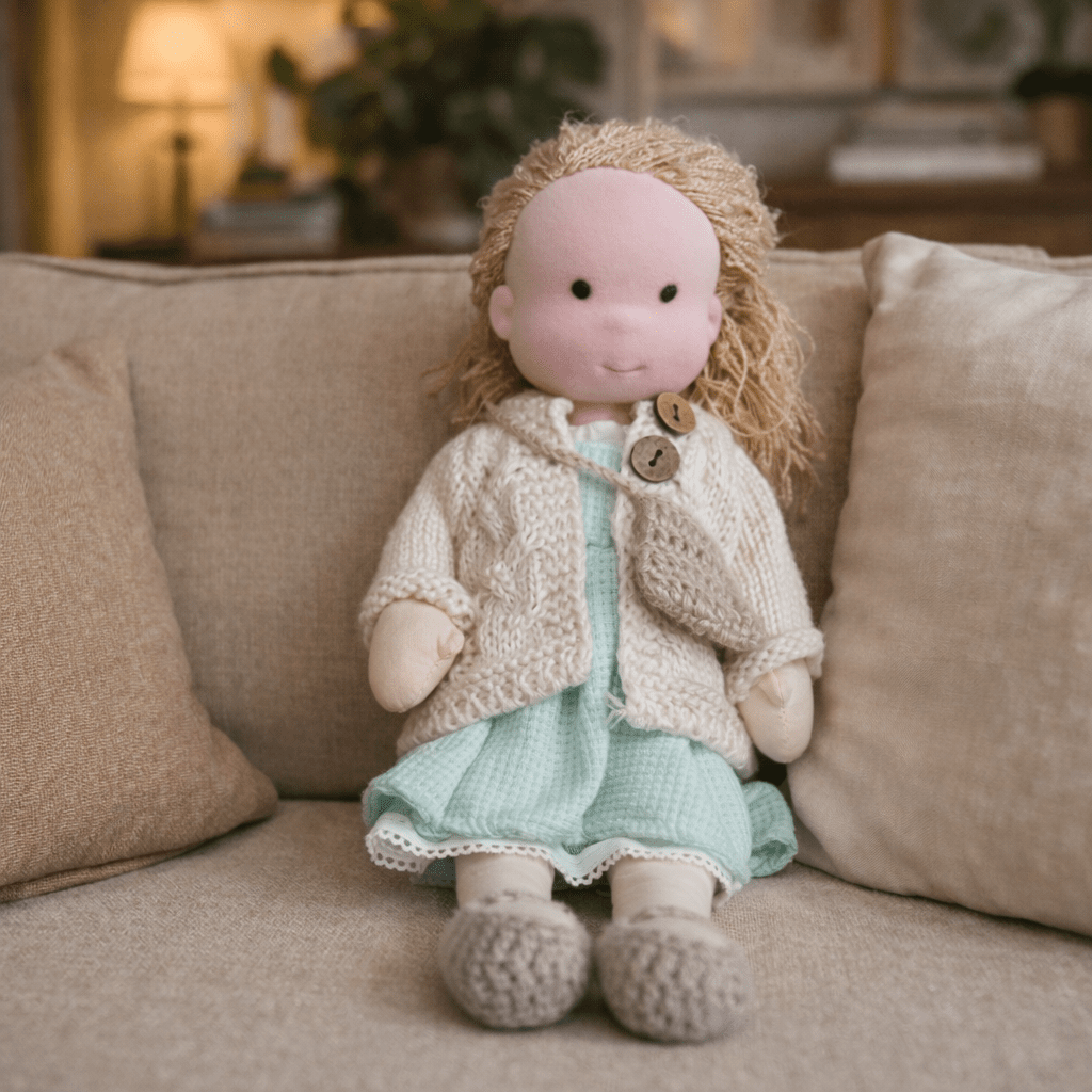 Muñeca de Tela con Gorro, Bufanda, Vestido y Cárdigan
