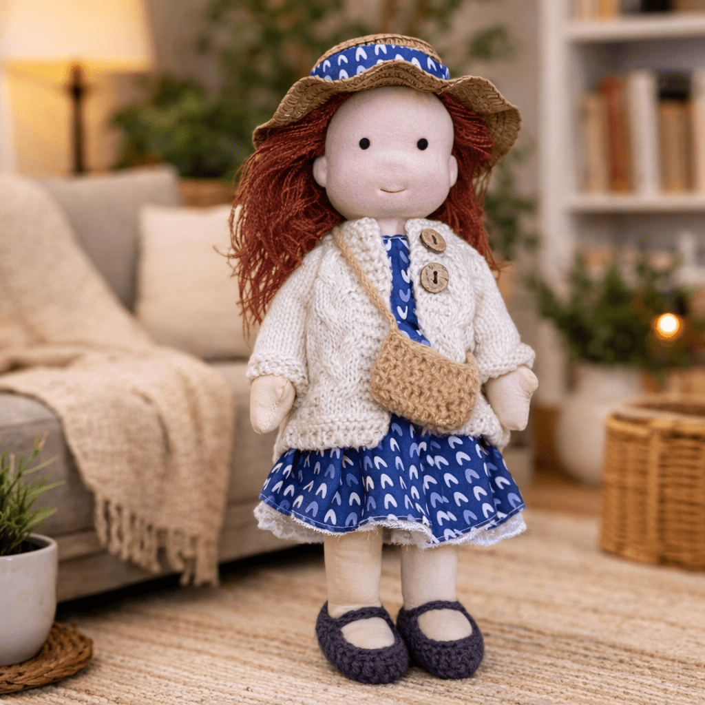 Muñeca de Tela con Gorro, Bufanda, Vestido y Cárdigan