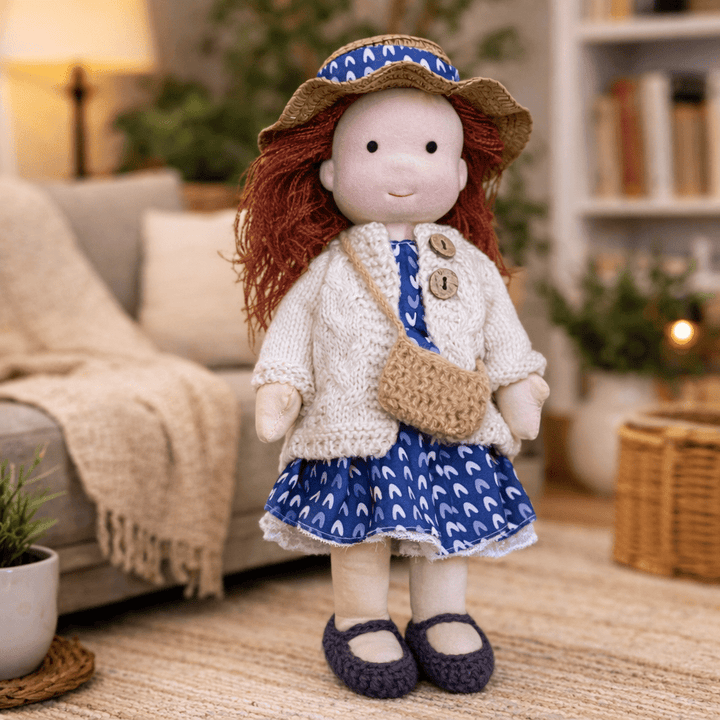 Muñeca de Tela con Gorro, Bufanda, Vestido y Cárdigan