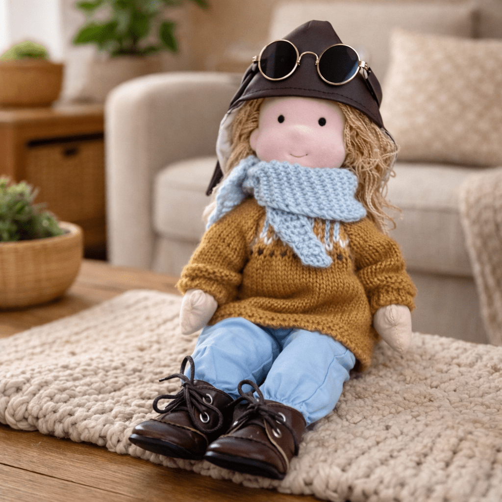 Muñeca de Tela con Gorro, Bufanda, Vestido y Cárdigan