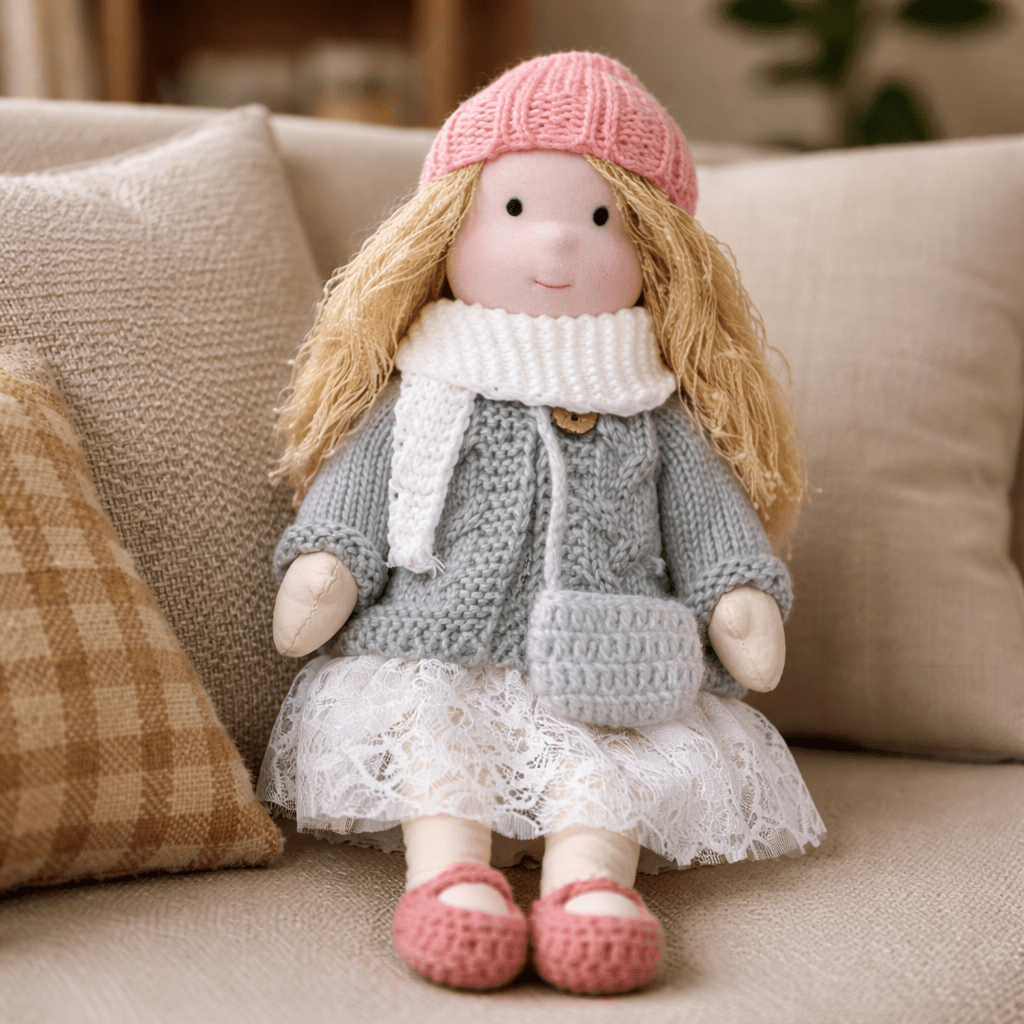 Muñeca de Tela con Gorro, Bufanda, Vestido y Cárdigan
