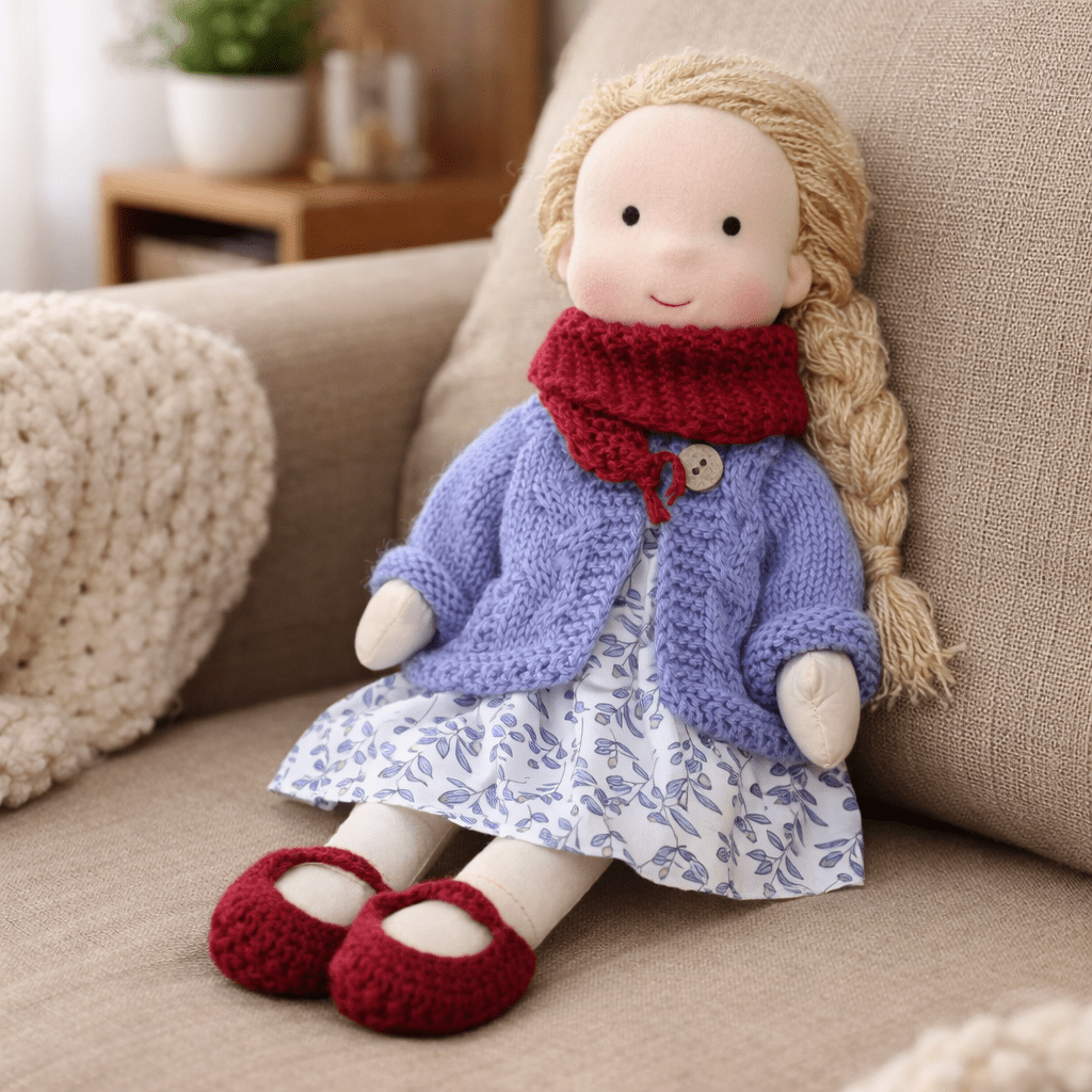 Muñeca de Tela con Gorro, Bufanda, Vestido y Cárdigan