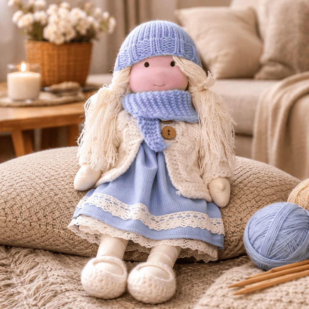 Muñeca de Tela con Gorro, Bufanda, Vestido y Cárdigan