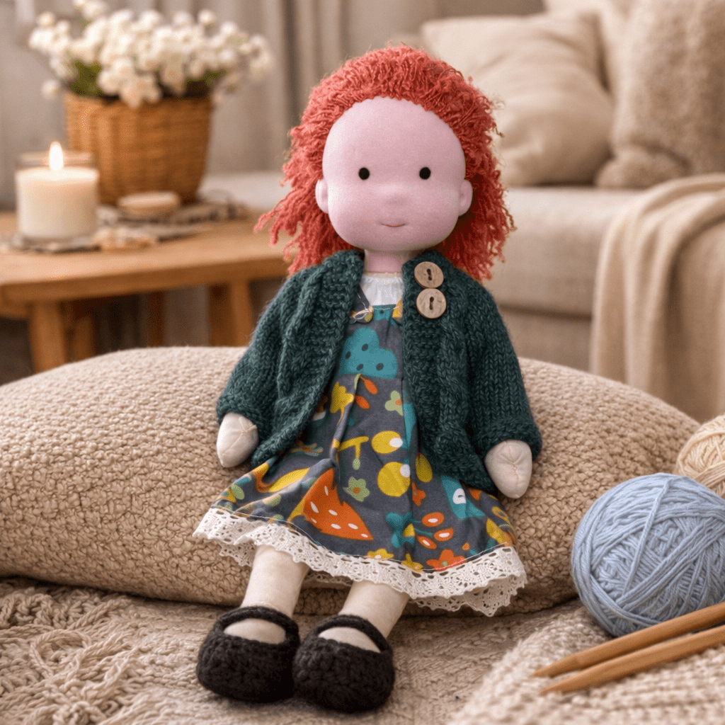Muñeca de Tela con Gorro, Bufanda, Vestido y Cárdigan