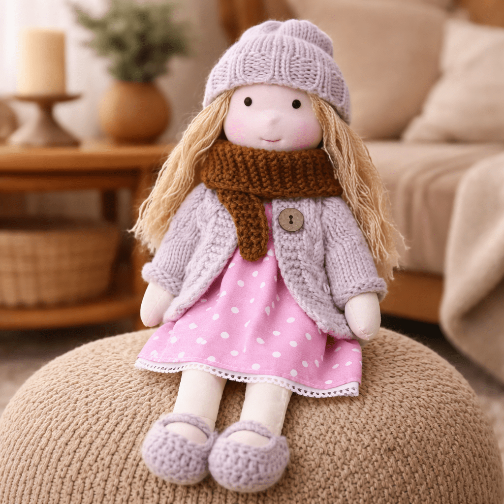 Muñeca de Tela con Gorro, Bufanda, Vestido y Cárdigan