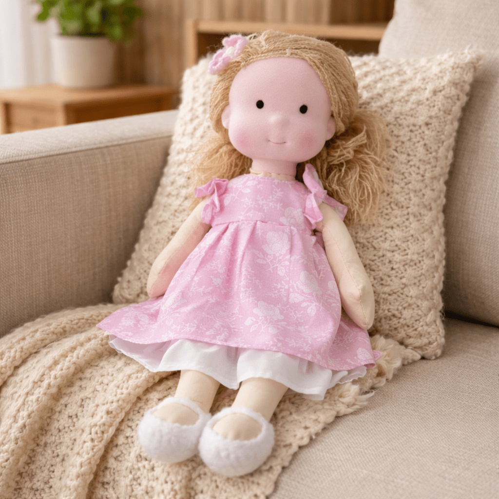 Muñeca de Tela con Gorro, Bufanda, Vestido y Cárdigan