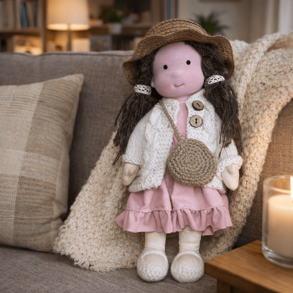 Muñeca de Tela con Gorro, Bufanda, Vestido y Cárdigan