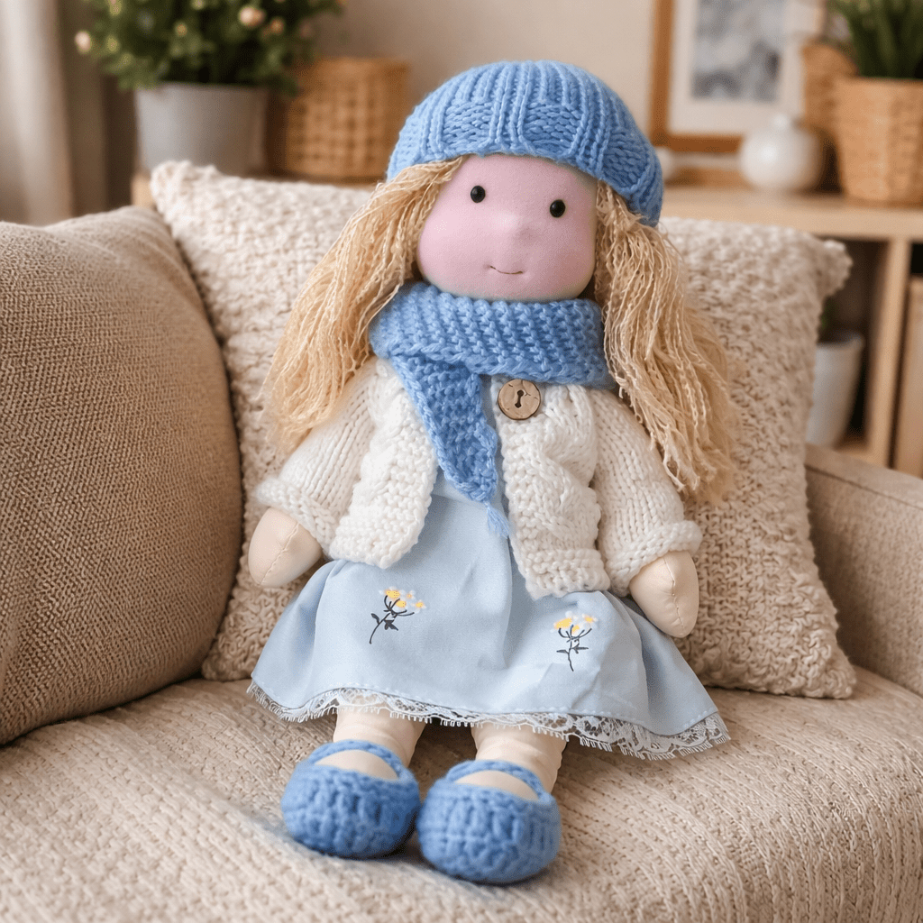 Muñeca de Tela con Gorro, Bufanda, Vestido y Cárdigan