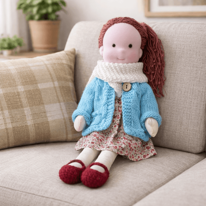 Muñeca de Tela con Gorro, Bufanda, Vestido y Cárdigan