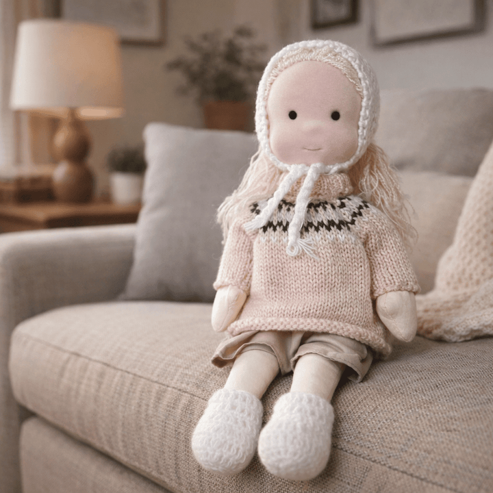 Muñeca de Tela con Gorro, Bufanda, Vestido y Cárdigan