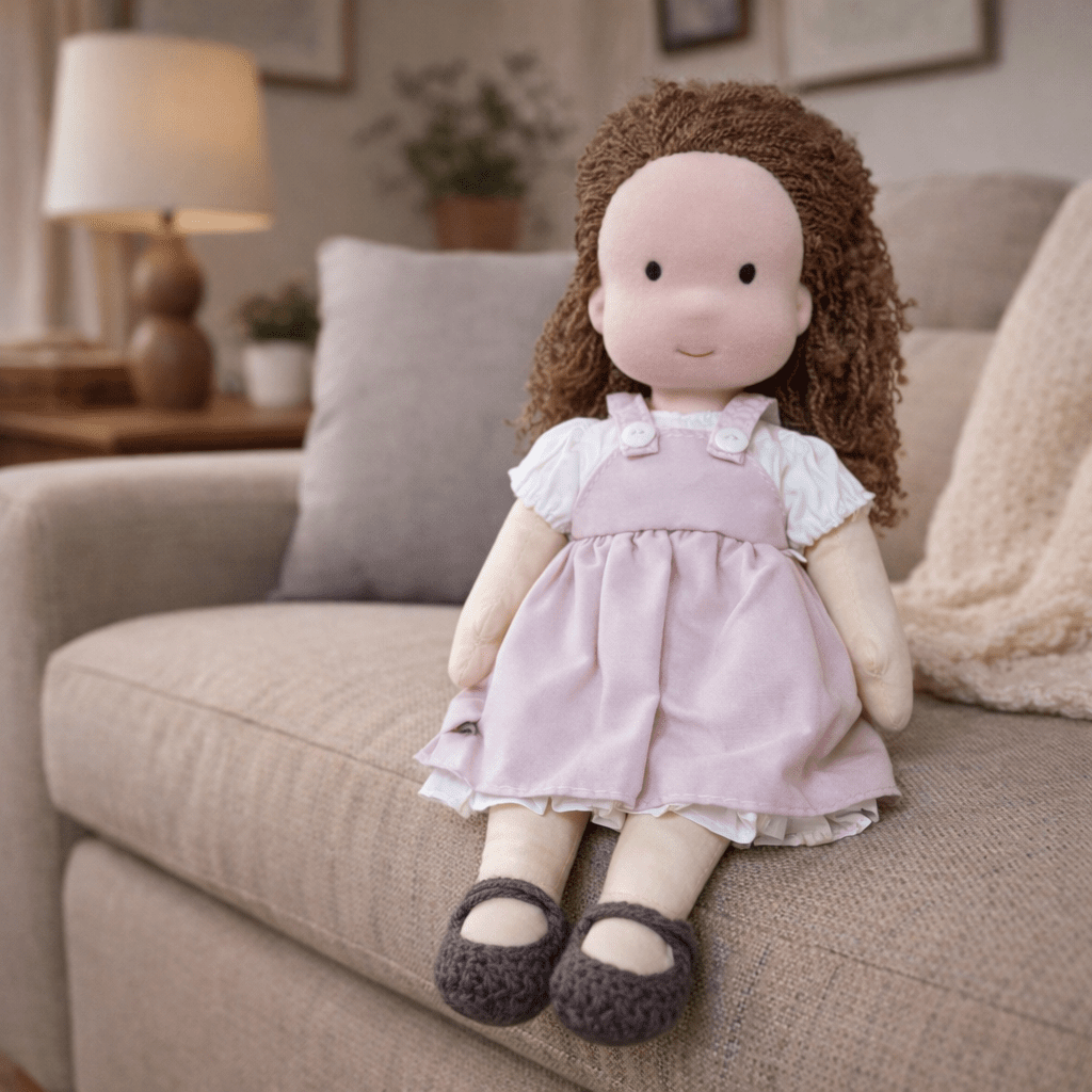 Muñeca de Tela con Gorro, Bufanda, Vestido y Cárdigan