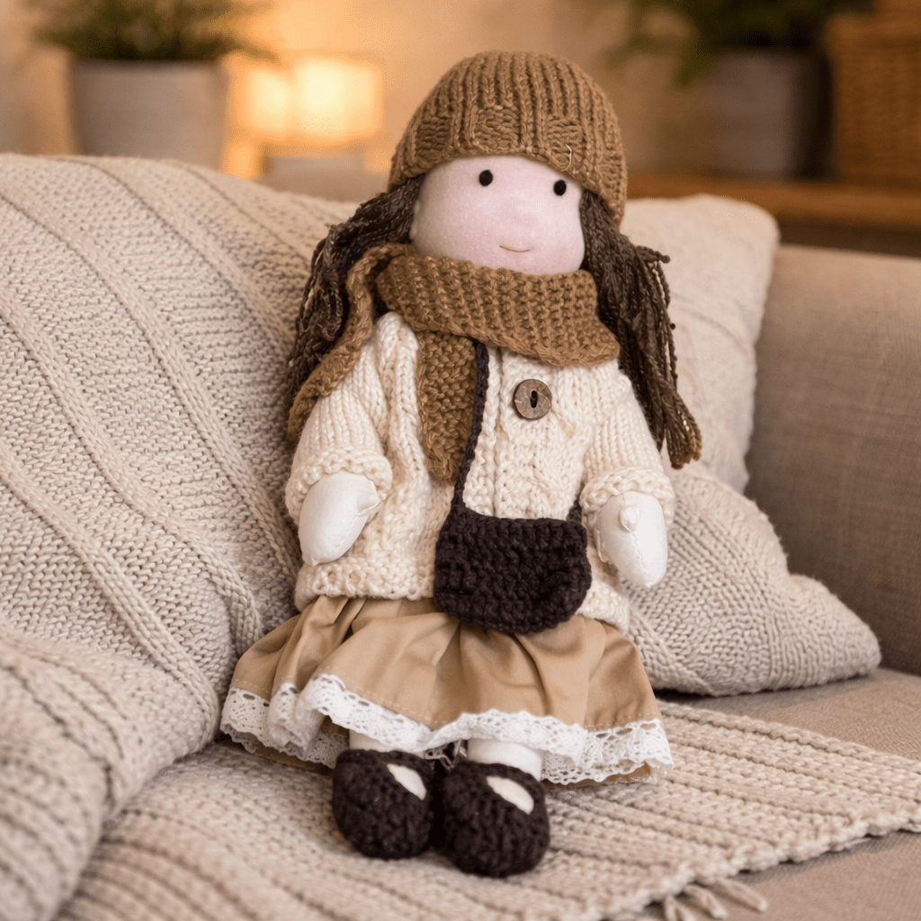 Muñeca de Tela con Gorro, Bufanda, Vestido y Cárdigan