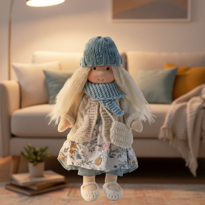 Muñeca de Tela con Gorro, Bufanda, Vestido y Cárdigan