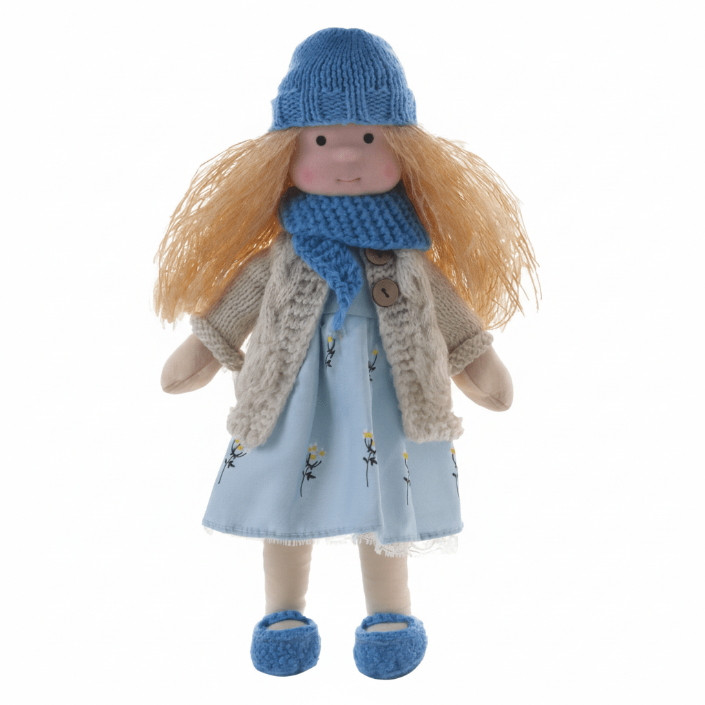 Muñeca de Tela con Gorro, Bufanda, Vestido y Cárdigan