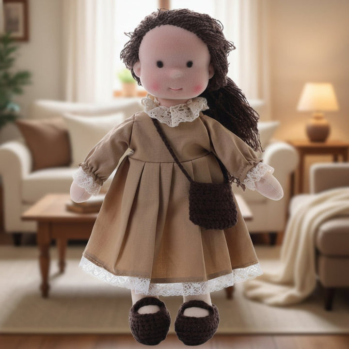 Muñeca de Tela con Gorro, Bufanda, Vestido y Cárdigan