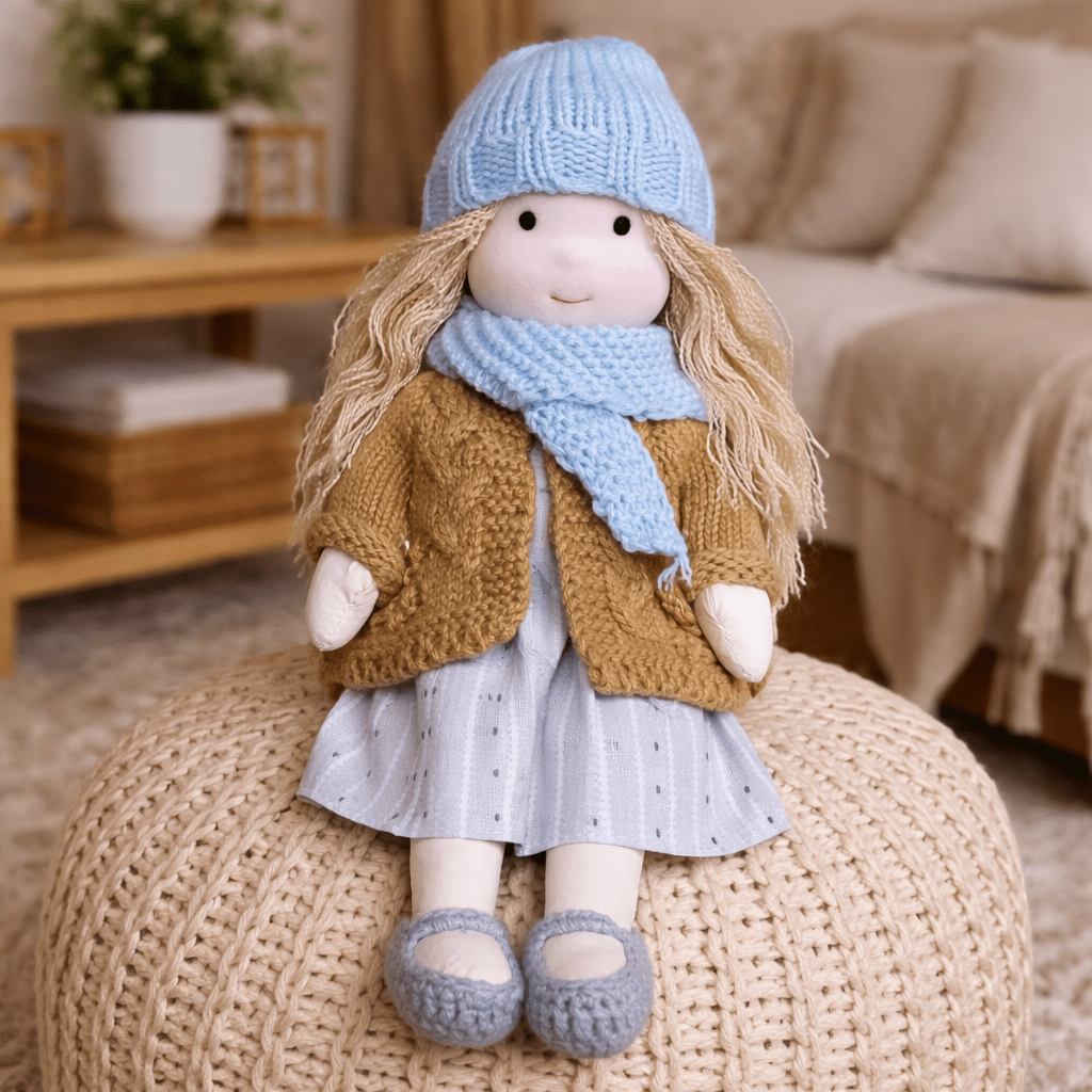 Muñeca de Tela con Gorro, Bufanda, Vestido y Cárdigan