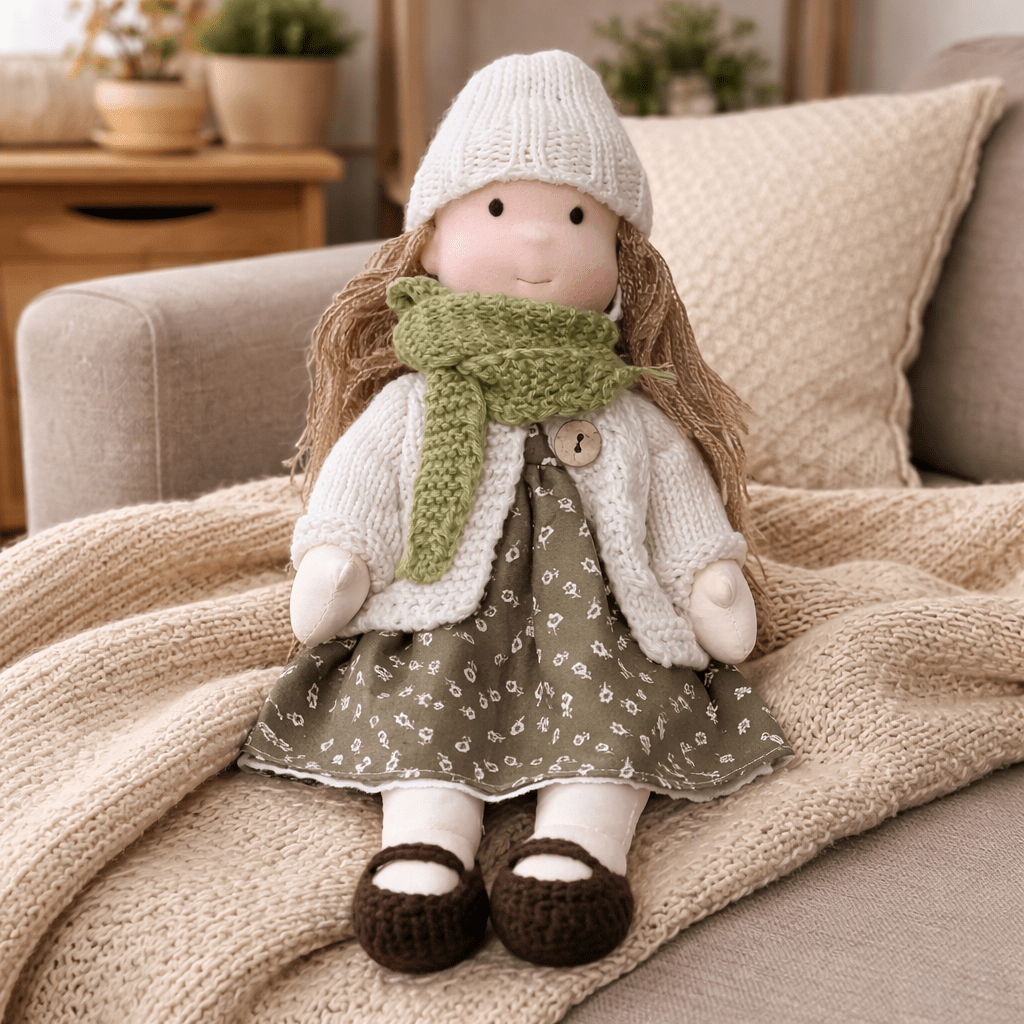 Muñeca de Tela con Gorro, Bufanda, Vestido y Cárdigan
