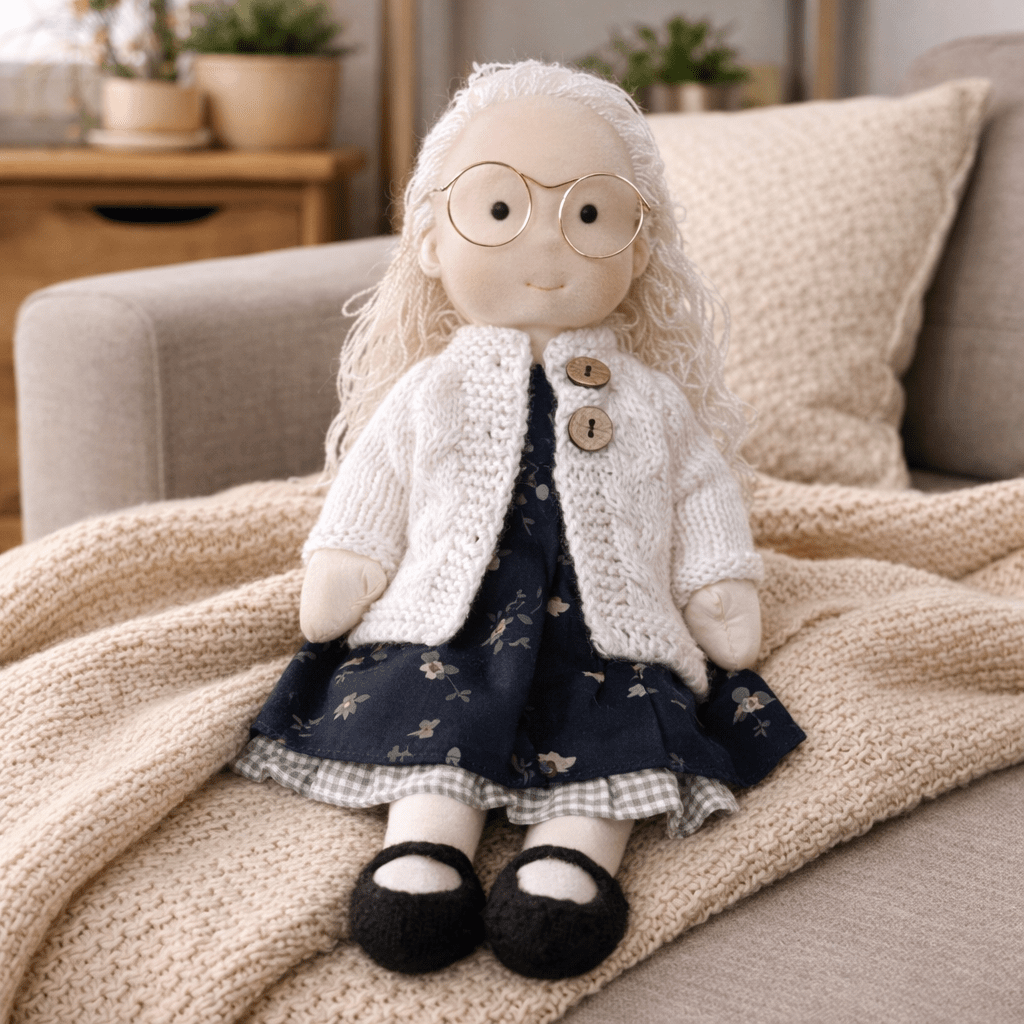Muñeca de Tela con Gorro, Bufanda, Vestido y Cárdigan