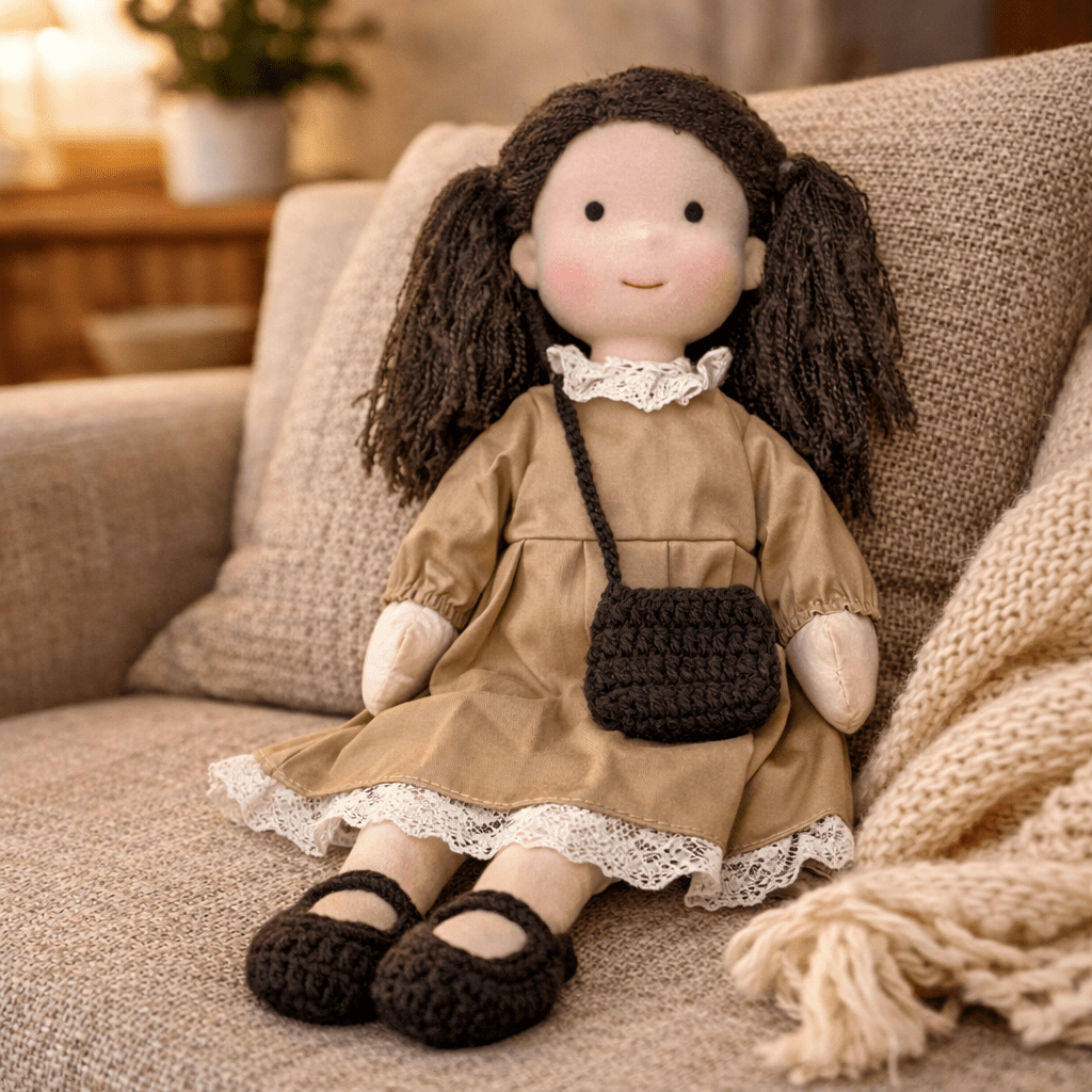 Muñeca de Tela con Gorro, Bufanda, Vestido y Cárdigan