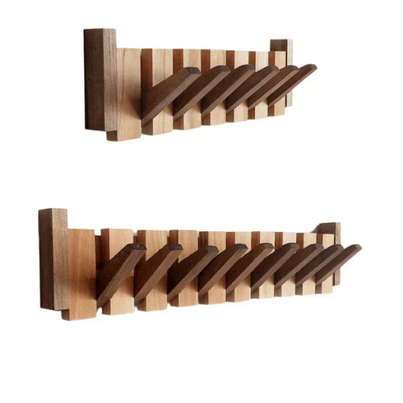 Perchero de Pared con Barra de Madera y Ganchos Plegables