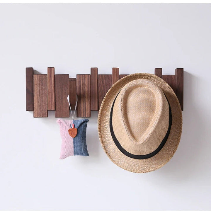 Perchero de Pared con Barra de Madera y Ganchos Plegables