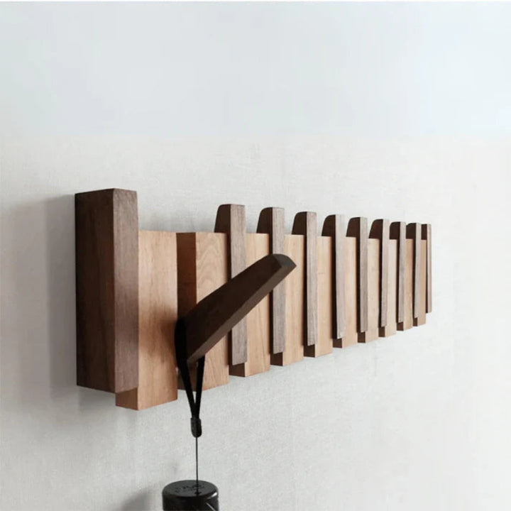 Perchero de Pared con Barra de Madera y Ganchos Plegables
