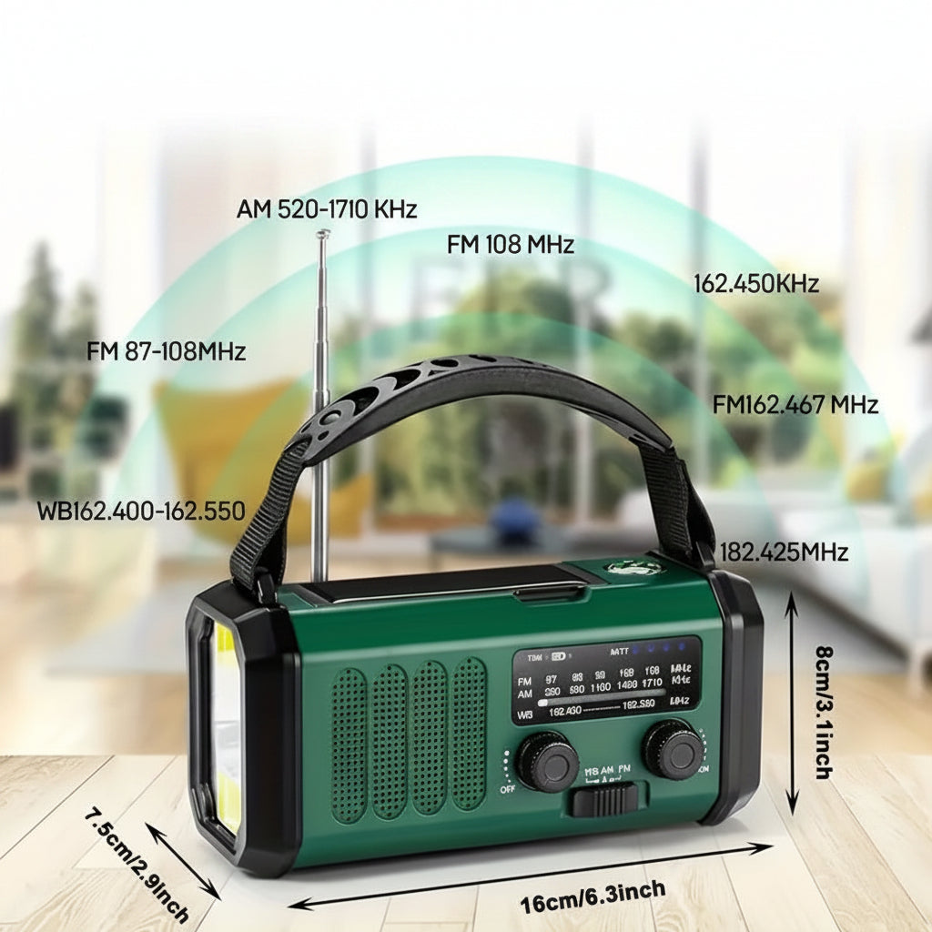 Radio de Emergencia con Linterna, Manivela, Panel Solar y Batería Externa