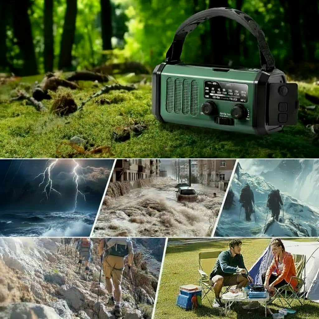 Radio de Emergencia con Linterna, Manivela, Panel Solar y Batería Externa