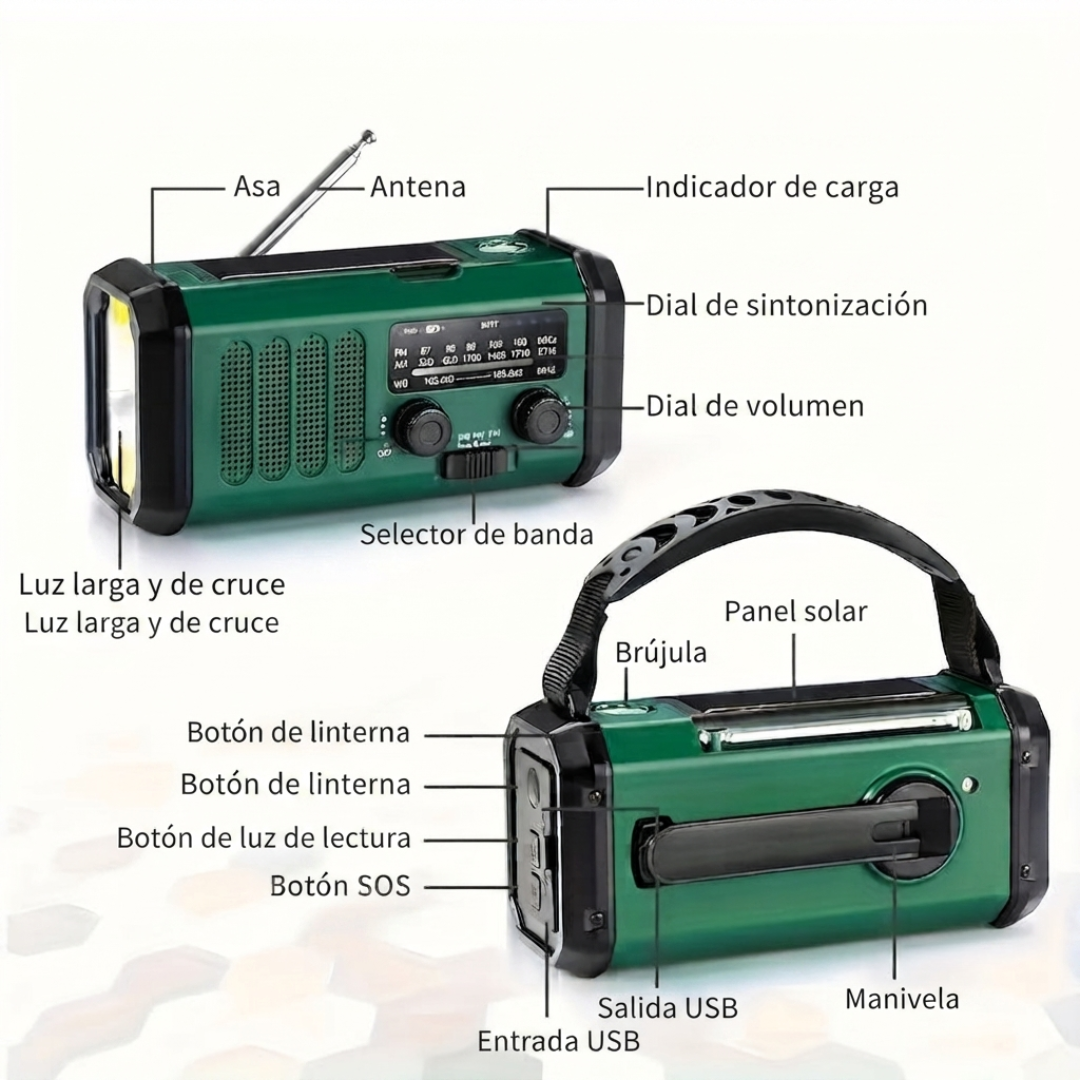 Radio de Emergencia con Linterna, Manivela, Panel Solar y Batería Externa