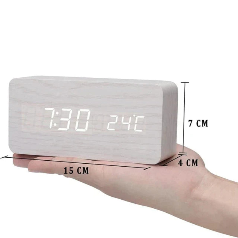 Reloj Despertador Digital con Acabado de Veta de Madera