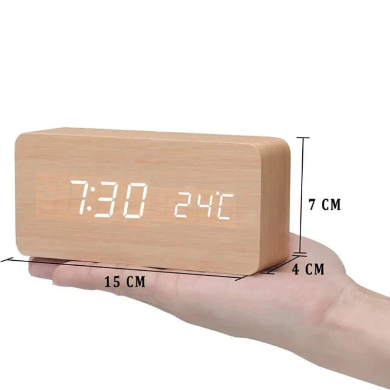 Reloj Despertador Digital con Acabado de Veta de Madera