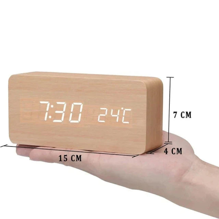 Reloj Despertador Digital con Acabado de Veta de Madera
