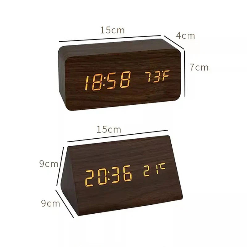 Reloj Despertador Digital con Acabado de Veta de Madera