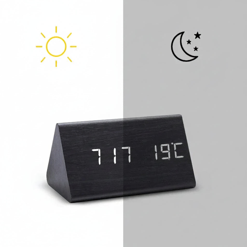 Reloj Despertador Digital con Acabado de Veta de Madera