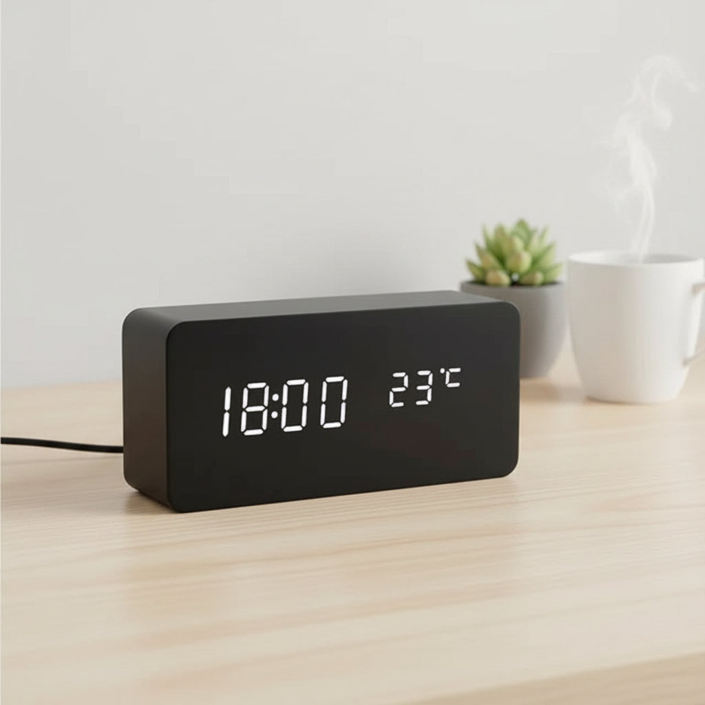Reloj Despertador Digital con Acabado de Veta de Madera